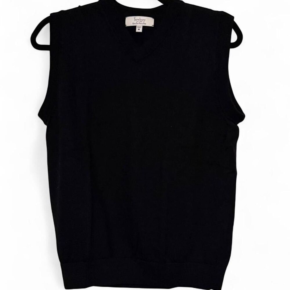 Turnbury Black V-Neck Sweater Vest 100% Extra Fine Merino Wool NWOT Medium